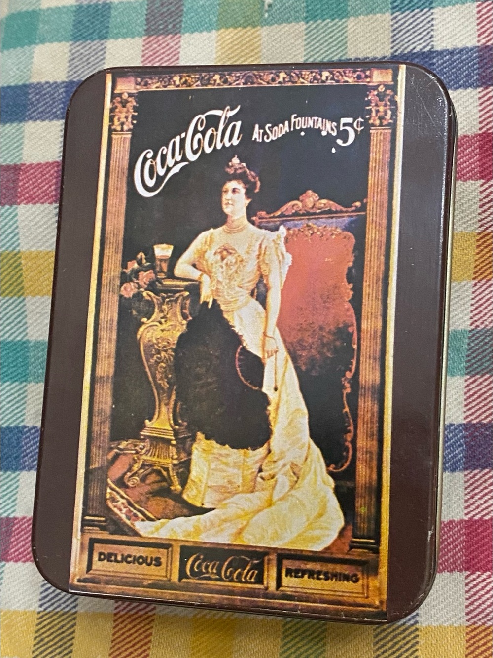 Vintage Coca Cola "At Soda Fountains 5 Cents" 5" Tin